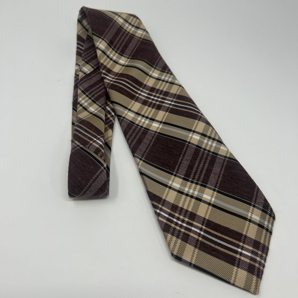 Vintage Grenada 100% Imported Polyester Wide Necktie Men's Tie Gold Maroon Plaid